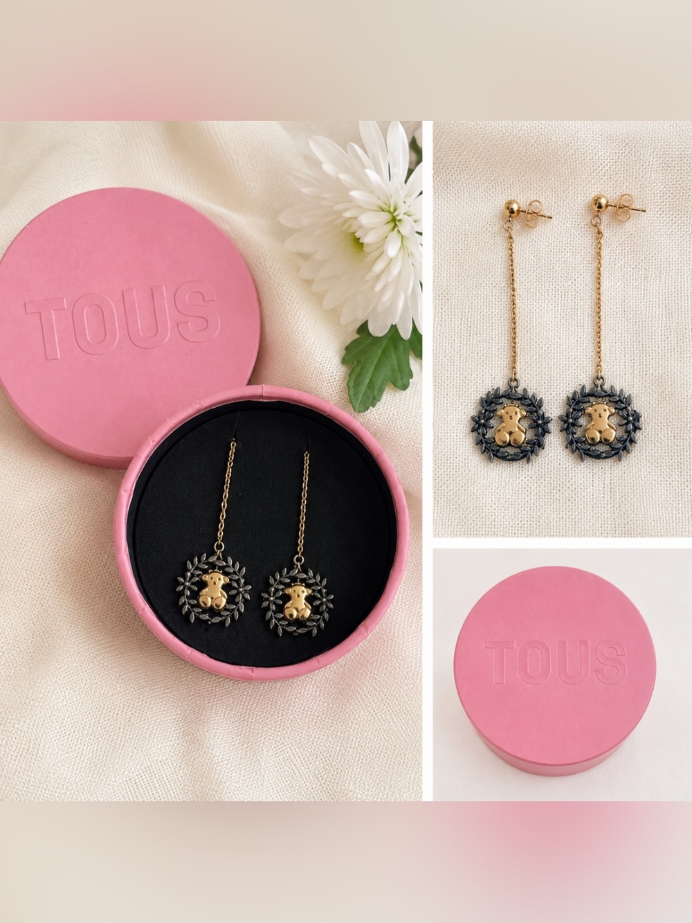 Authentic TOUS Camelot Bear Laurel Wreath Drop Earrings - 18k Gold Vermeil 925